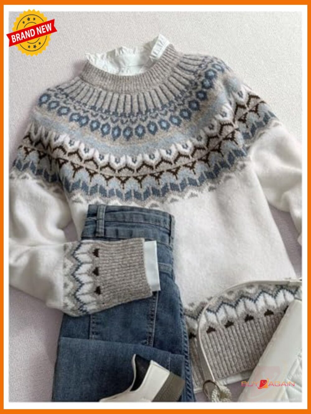 Striped Graphic Fall Sweater Crew Neck Long Sleeve Knitwear Pullover - Picture 3 of 5
